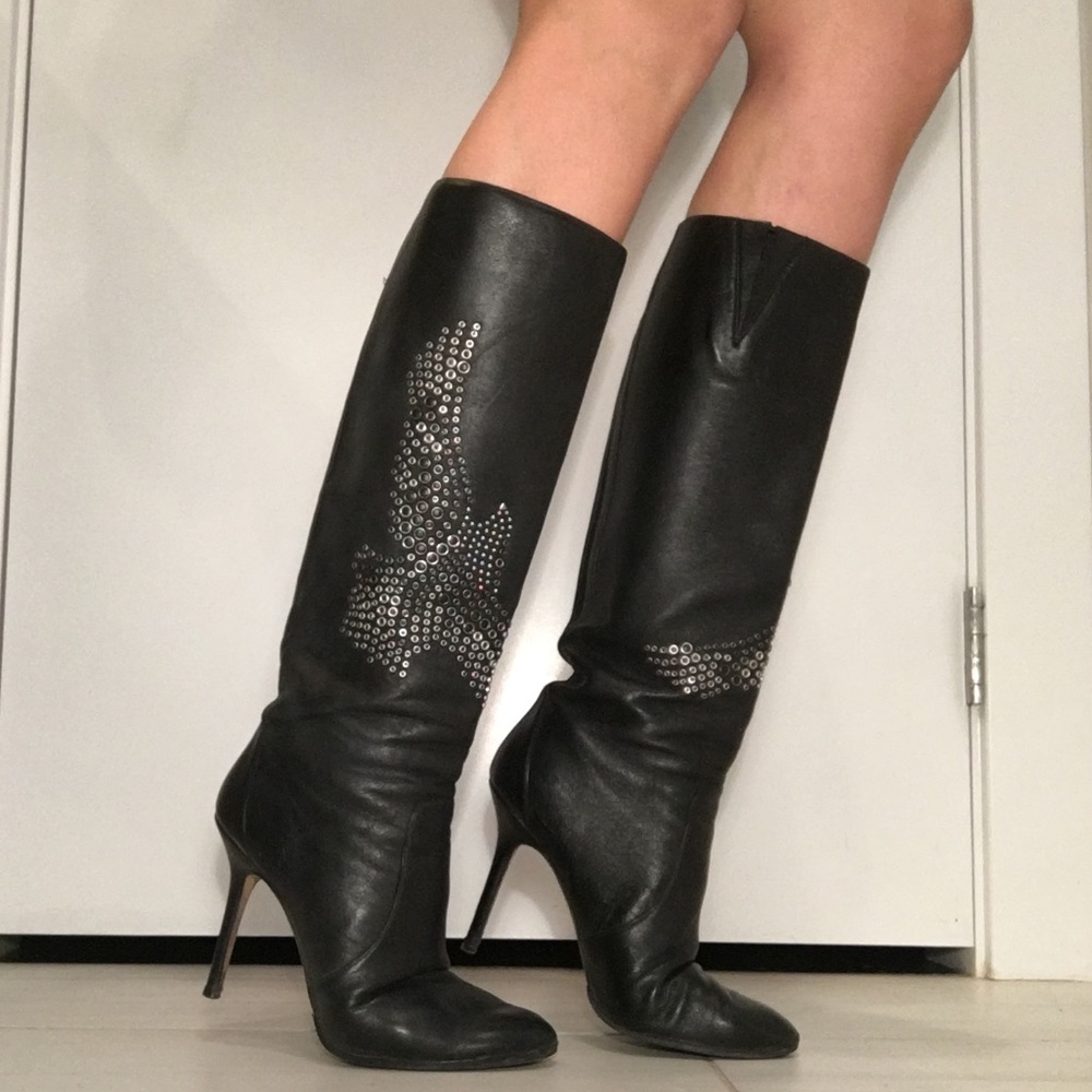 Jimmy Choo Black Leather Eagle Knee High High Heel Bo…